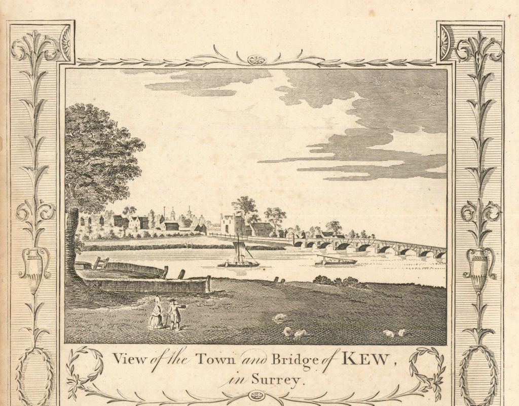 View of the Town and Bridge of Kew, in Surrey. London. WALPOOLE 1794 old print